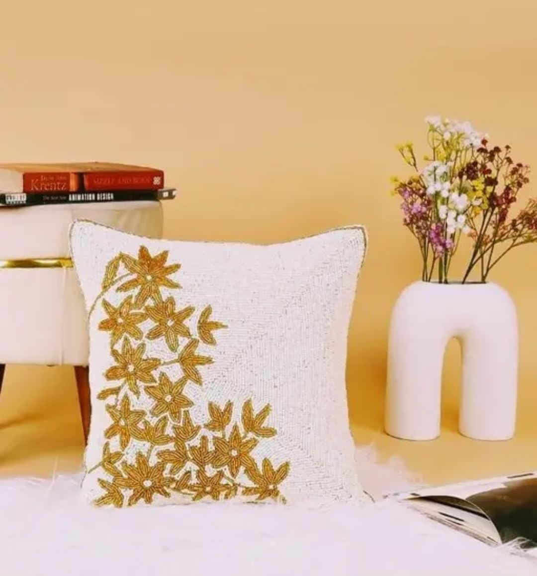 Floral Embroidered Throw Pillow Cover, Cream and Orange, Beaded Flower Design Hand-Crafted, Decorative Cushion Cover