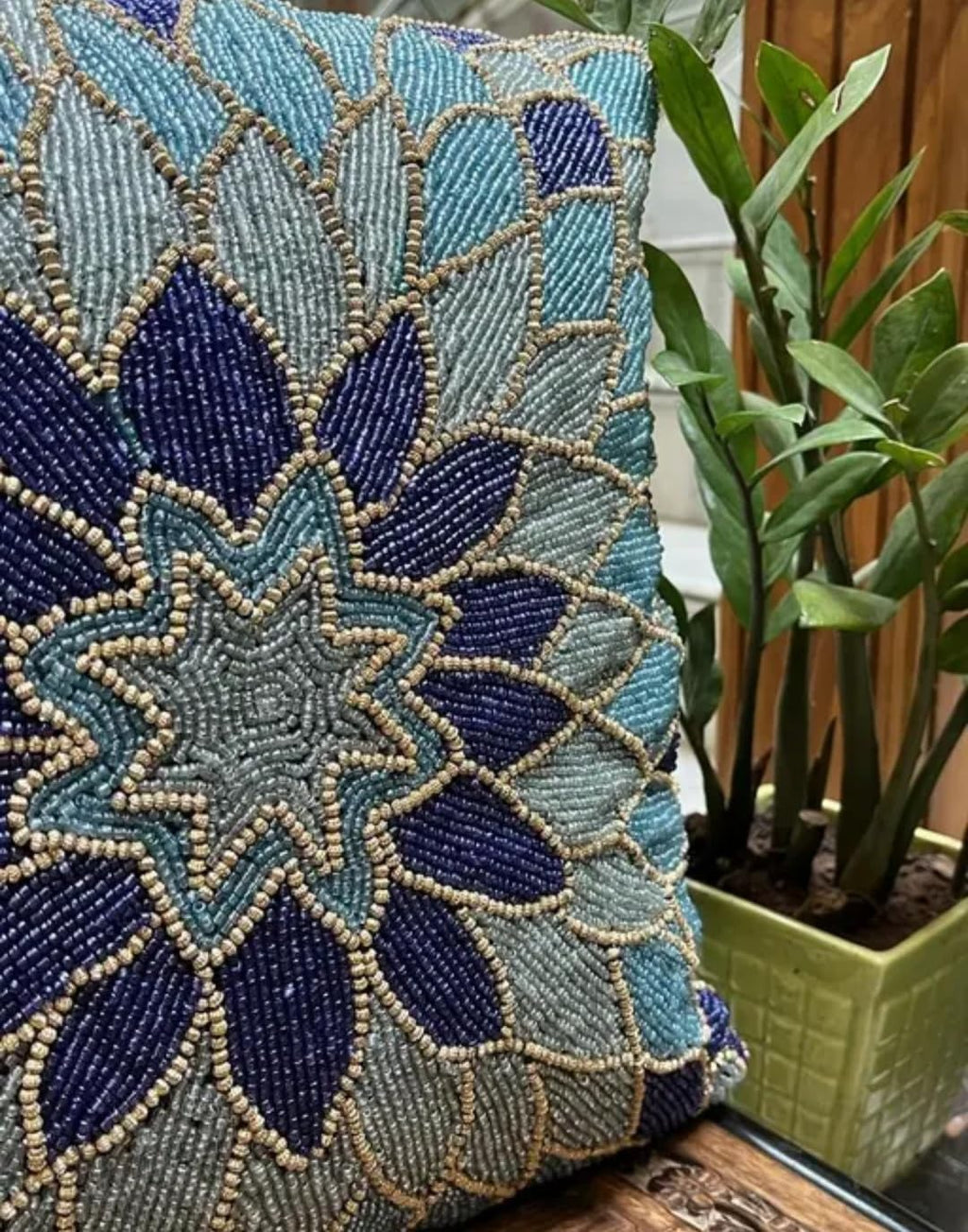 Beaded Throw Pillow Cover, Blue Floral Mandala Design, Handcrafted Glass Bead Embroidery, Boho Home Decor