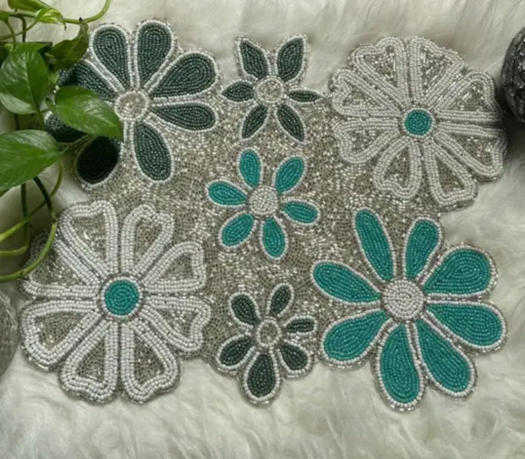 Handcrafted Beaded Placemat, Turquoise and Silver Floral Design, Round Glass Beaded Table Mat, Decorative Dining Decor