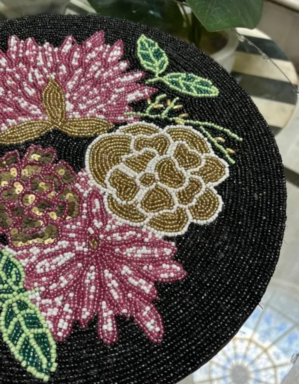 Beaded Round Placemat, Black Floral Design, Handcrafted Seed Bead, Botanical Table Decor