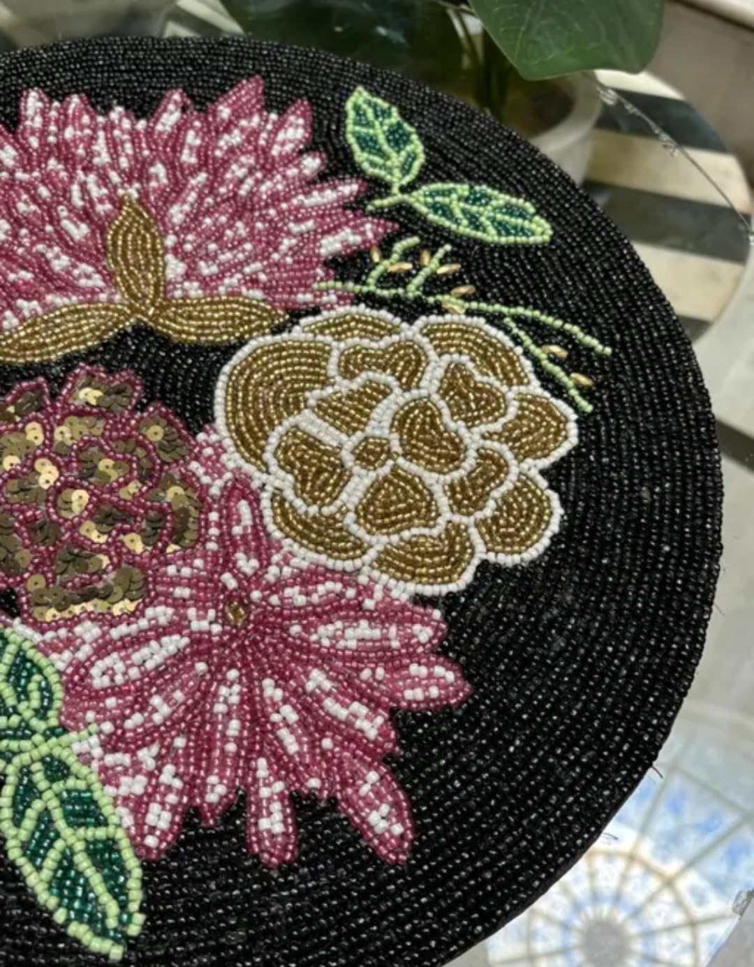 Beaded Round Placemat, Black Floral Design, Handcrafted Seed Bead, Botanical Table Decor