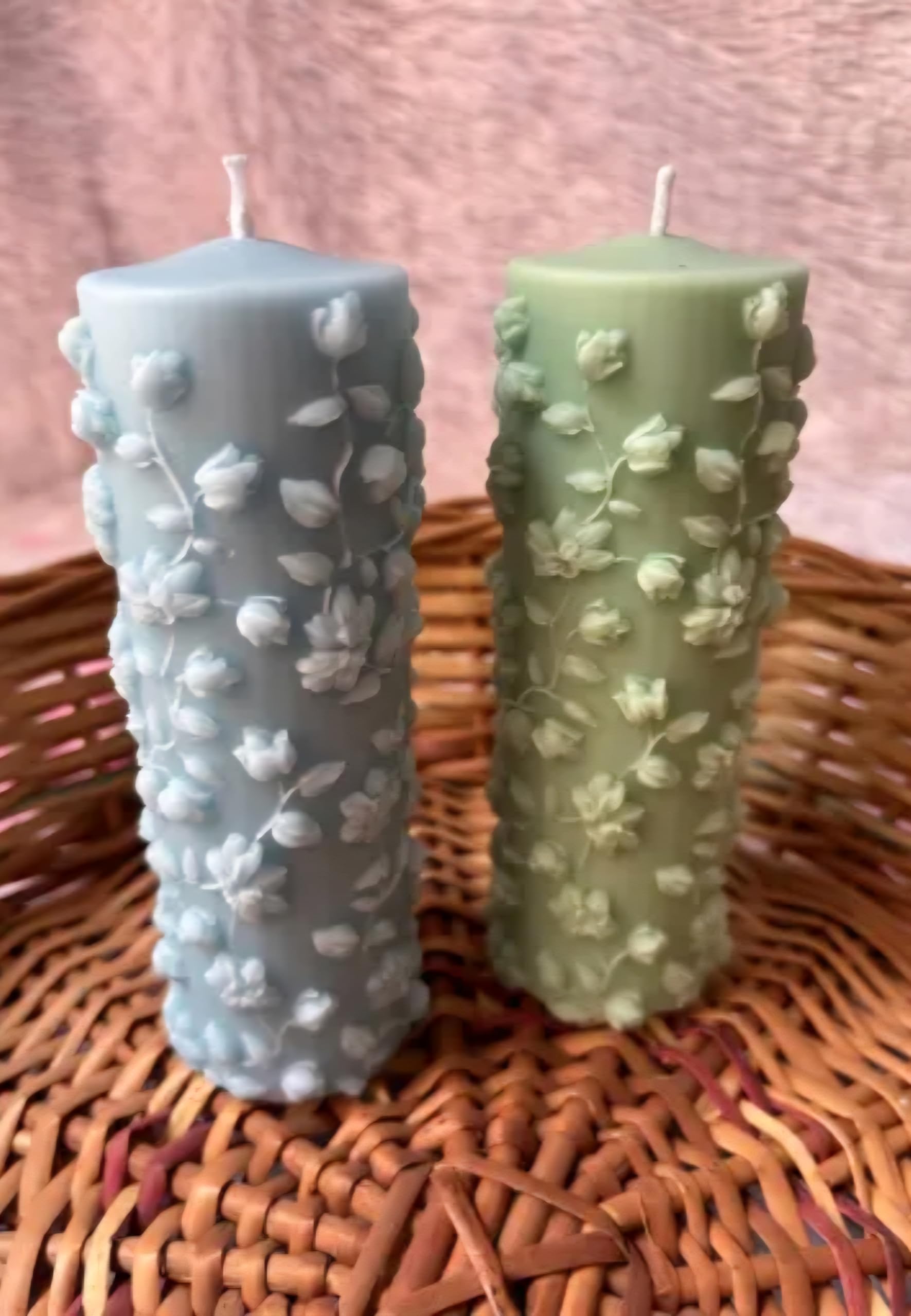 Floral Embossed Pillar Candle, Sage Green, Square Shape, Rose Vine Design, Home Decor