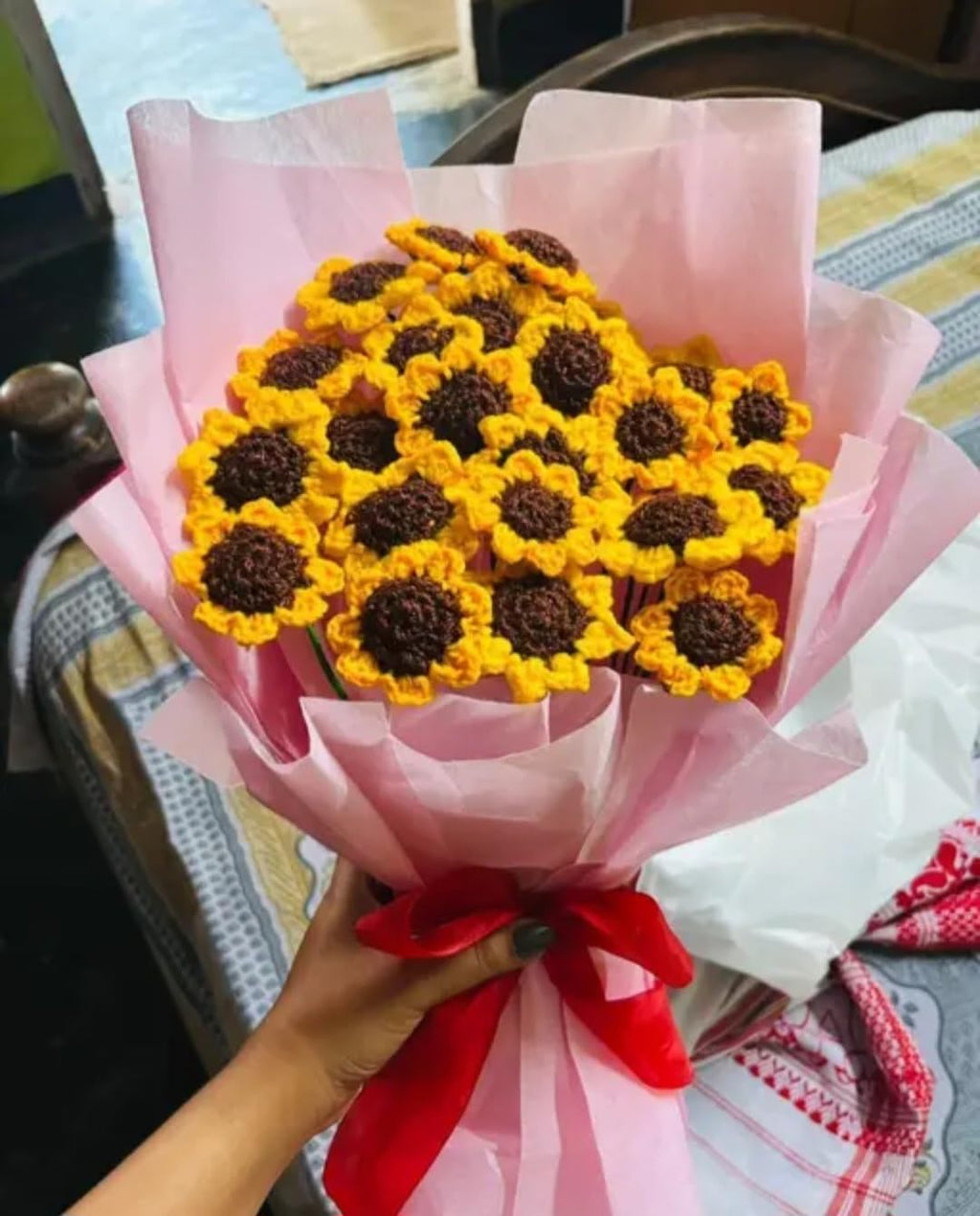 Handmade Crochet Sunflower Bouquet, Yellow and Brown, Knitted Flowers with Pink Wrap and Red Ribbon