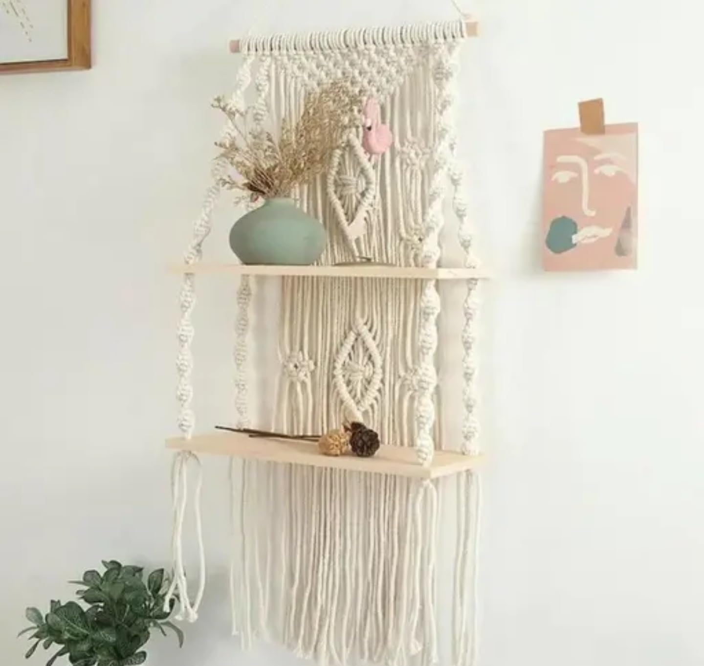 Macrame Wall Hanging with Floating Shelves, Boho Wall Decor with 2 Wood Shelves, Handwoven Cotton Rope, White