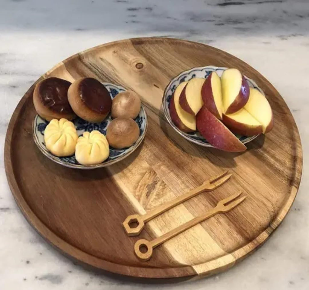 Wooden Round Serving Plate, Natural Brown, Acacia Wood, Rustic Grain Pattern