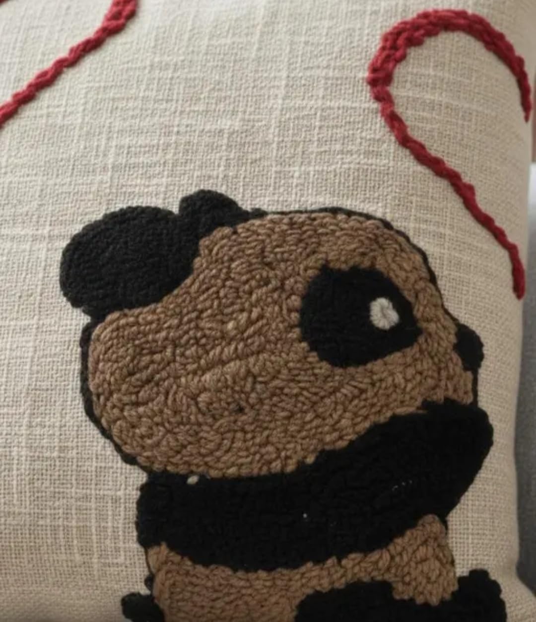 Cute Pug Hand Embroidered Throw Pillow Cover, Cream, Heart Design, Decorative Cushion for Sofa or Bedroom