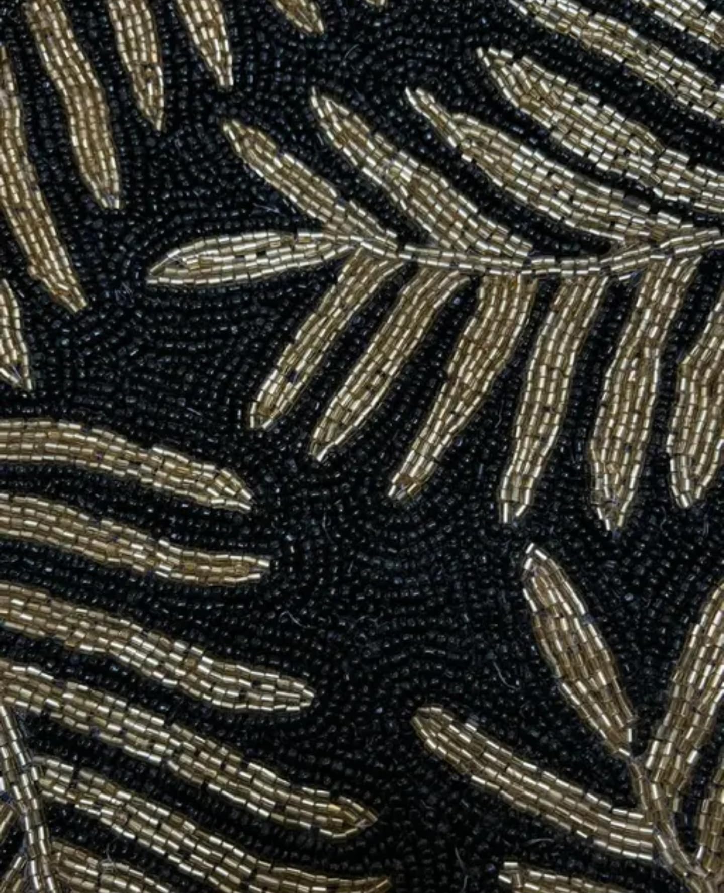 Beaded Table Runner, Black and Gold, Palm Leaf Pattern, Tropical Theme, Decorative Accent
