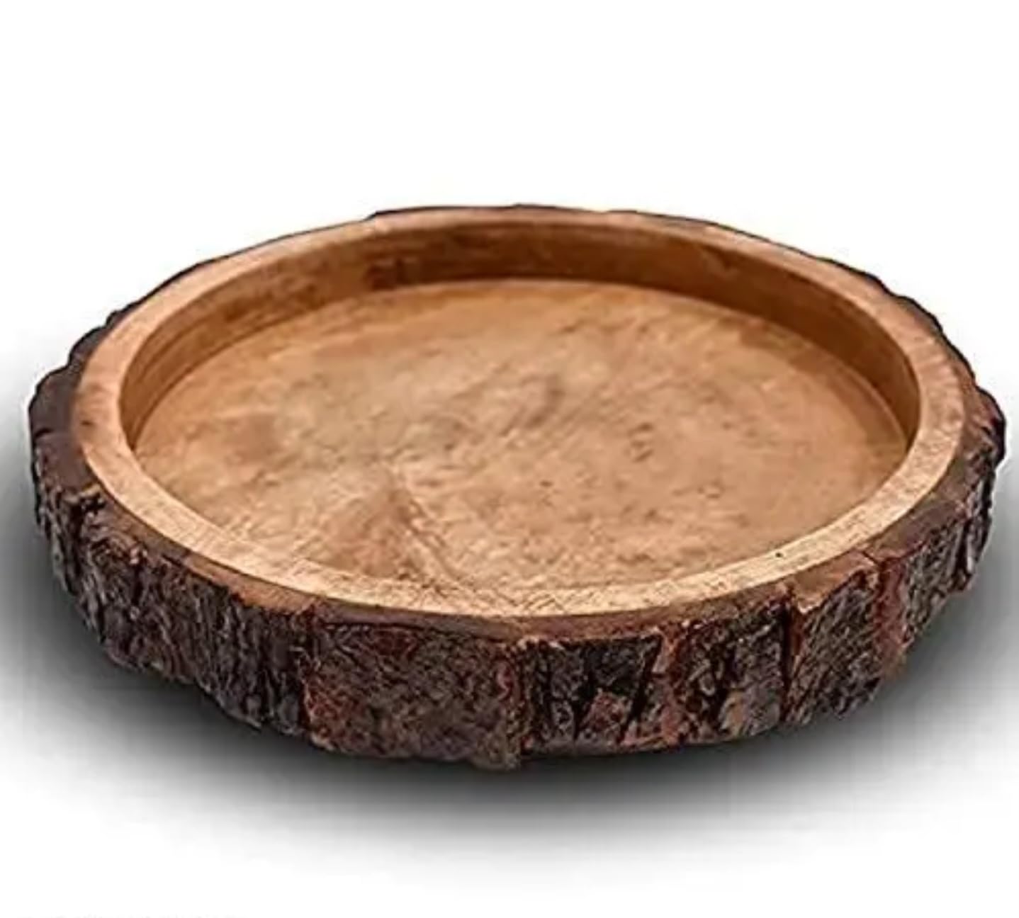 Rustic Natural Wood Serving Tray, Round Tree Bark Edge Display Plate, Brown, Decorative Bowl for Centerpiece