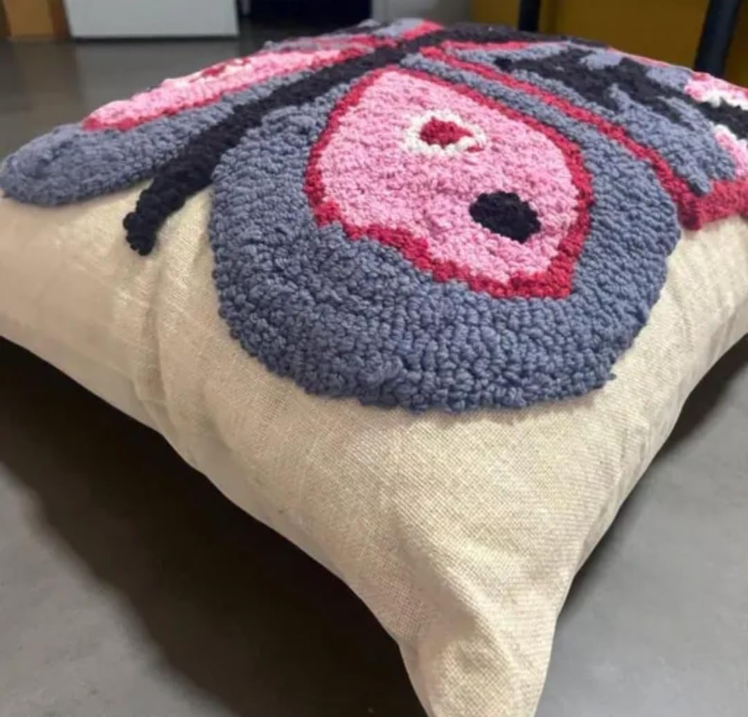 Butterfly Embroidered Throw Pillow Cover with Red Tassels, Gray and Pink, Boho Style