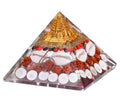 Orgone Pyramid Crystal Healing Decor, Gold Pagoda Design with White Shells, Red Crystals, Resin Art Sculpture