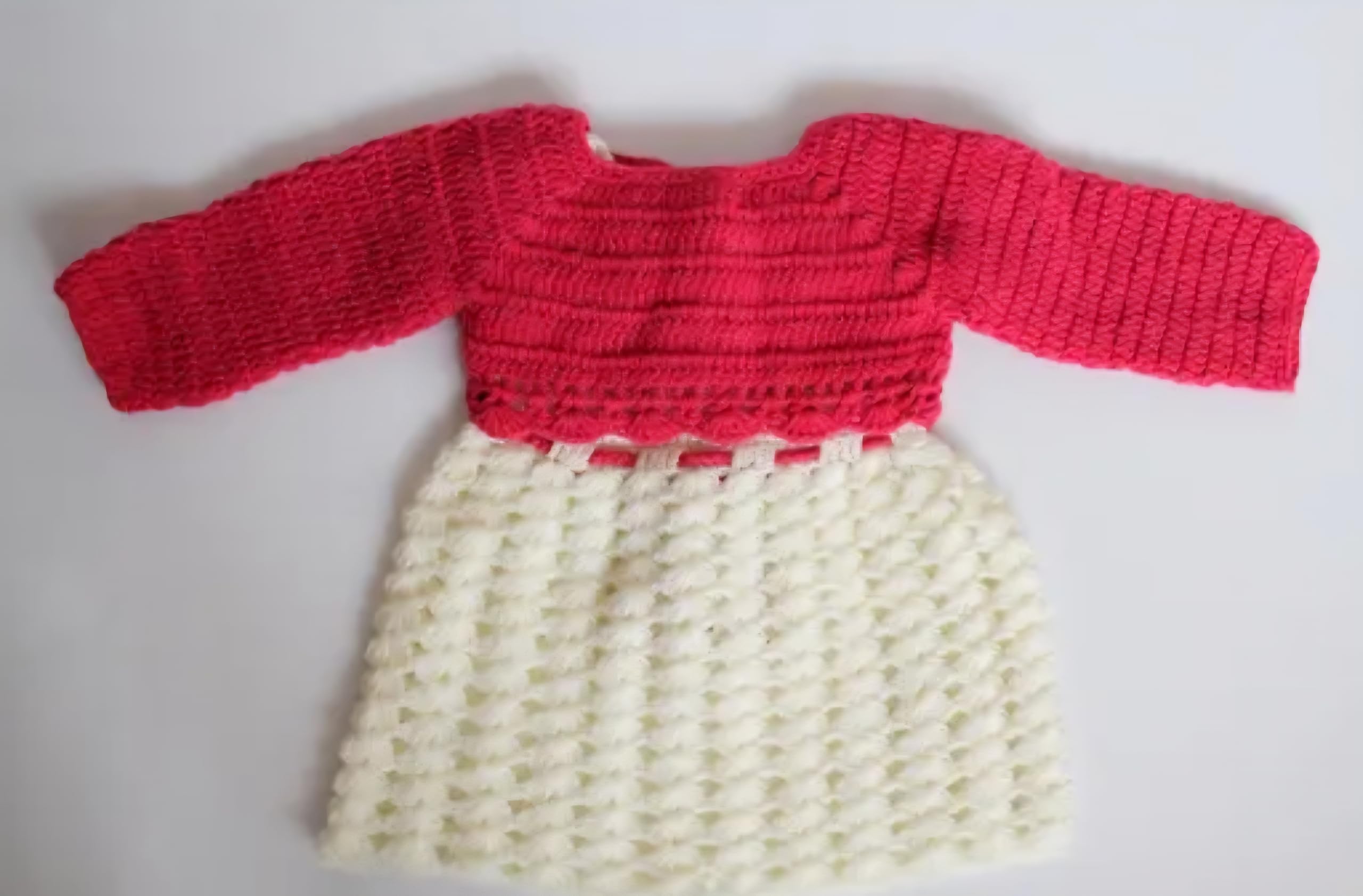 Handmade Crochet Baby Girl Dress with Bolero Cardigan Set, Red and White, Floral Detail