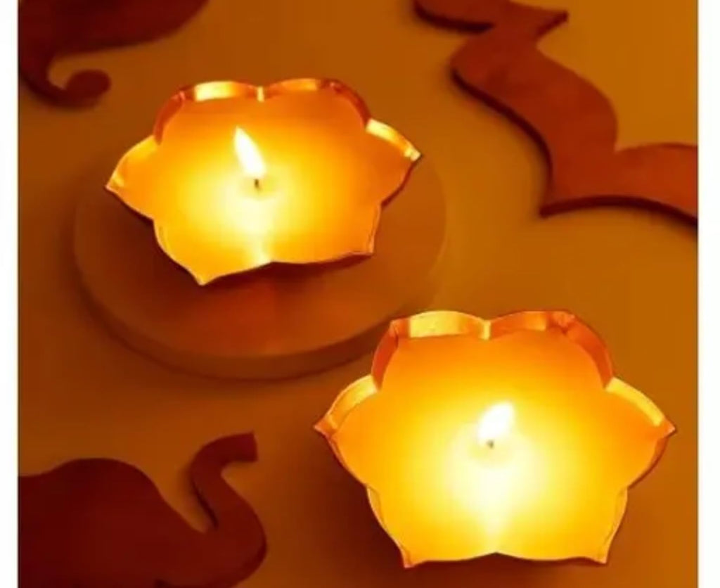 Decorative Lotus Shaped Candle Holders, Gold Metal Rim, White Wax, Elegant Floral Design, Set of 2, for Home Decor