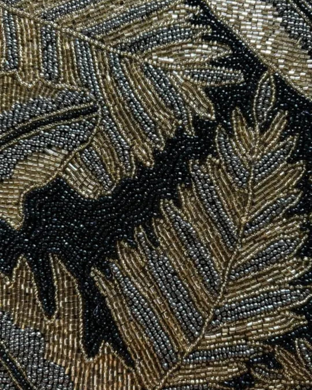 Beaded Throw Pillow Cover, Black and Gold, Tropical Leaf Design, Decorative Cushion Cover, Handmade