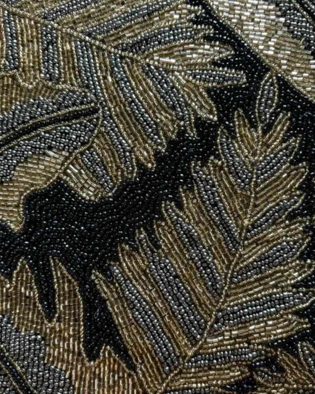 Beaded Throw Pillow Cover, Black and Gold, Tropical Leaf Design, Decorative Cushion Cover, Handmade