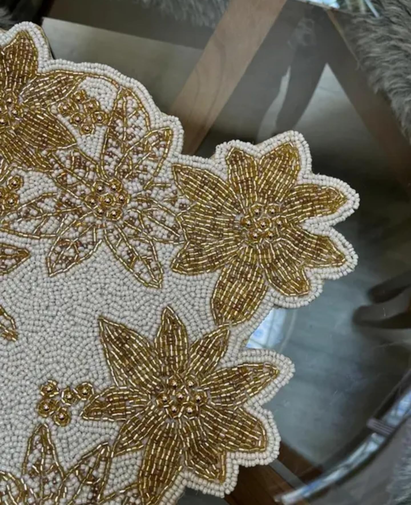 Beaded Table Runner, Gold Floral Design, White Background, Elegant Decorative Accent