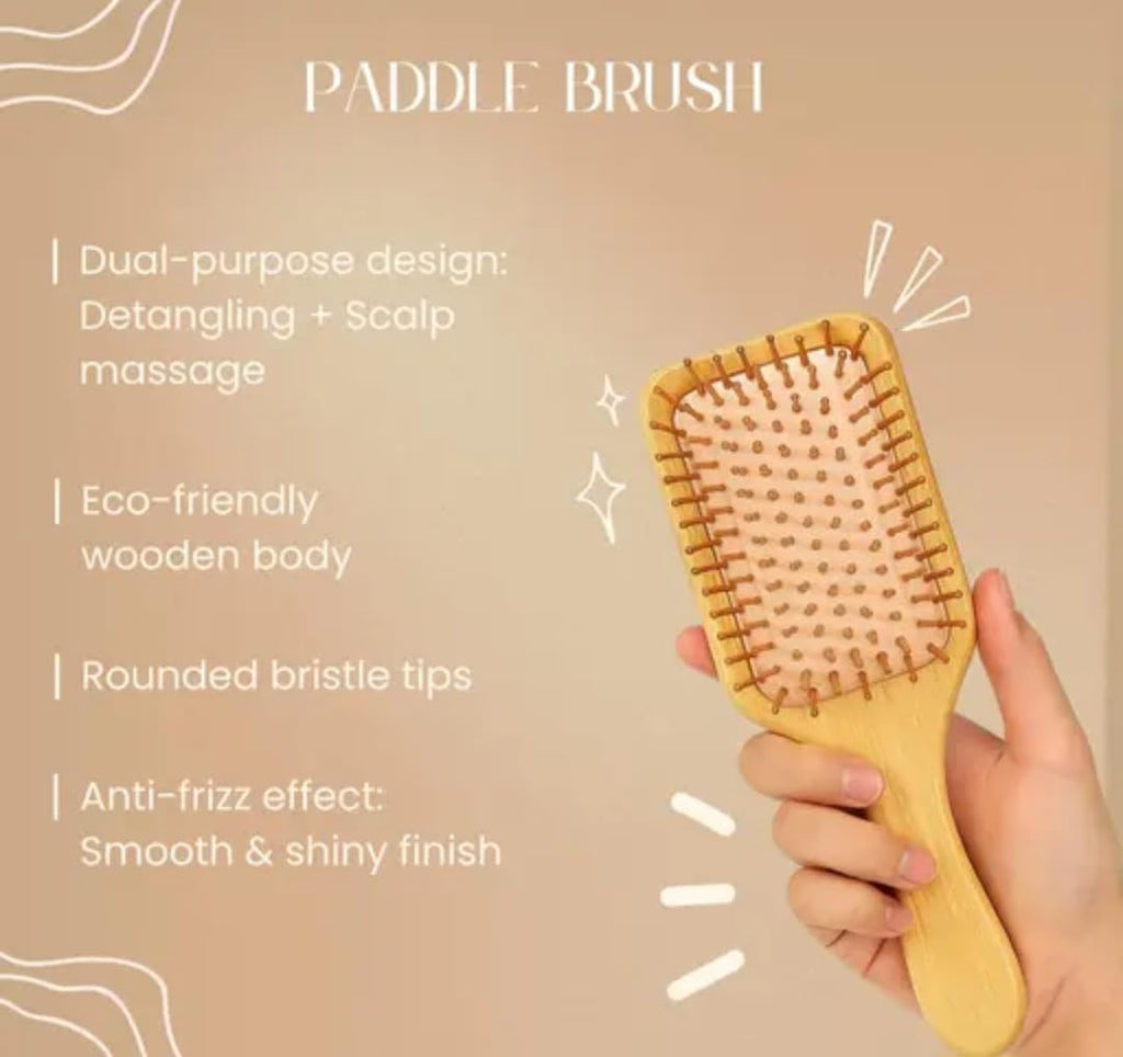 Wooden Hair Brush and Comb Set, Natural Bamboo, Paddle Brush with Wide Tooth Comb, 2 Piece