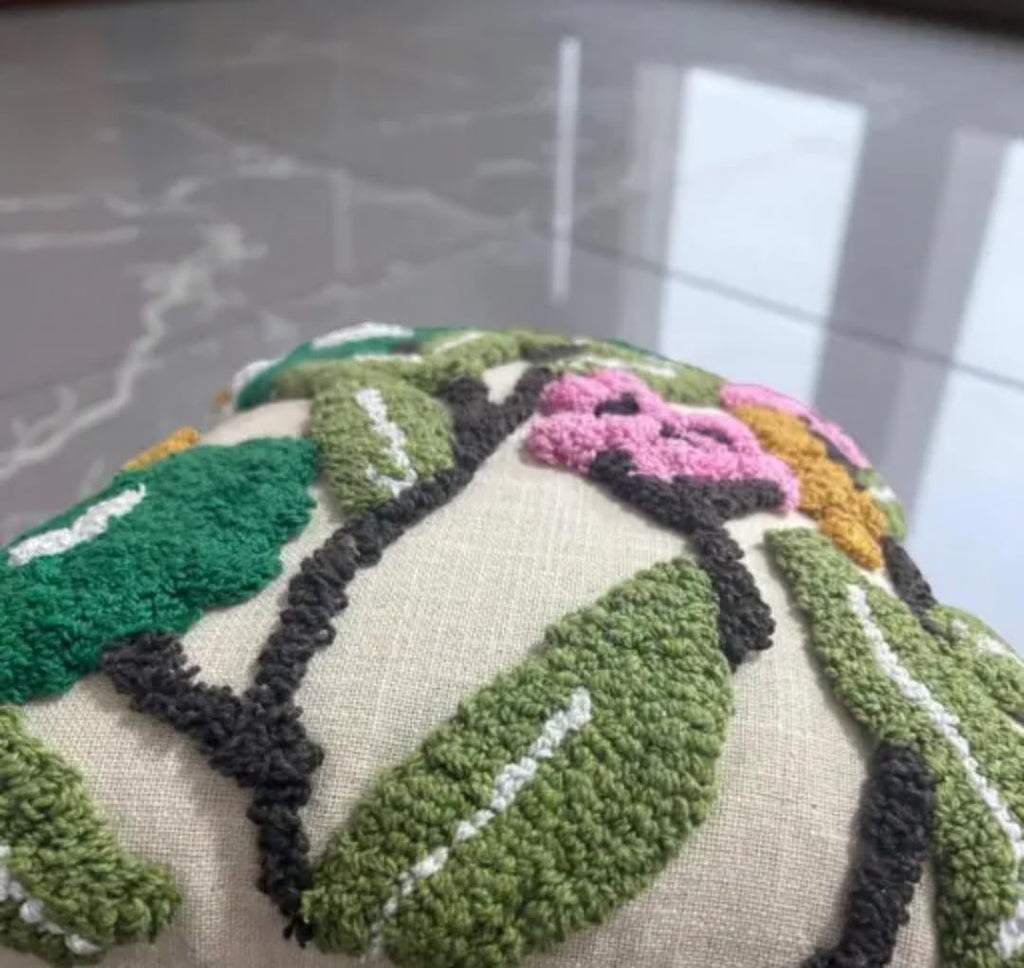 Floral Punch Needle Embroidered Throw Pillow Cover with Tassels, Botanical Garden Design, Beige