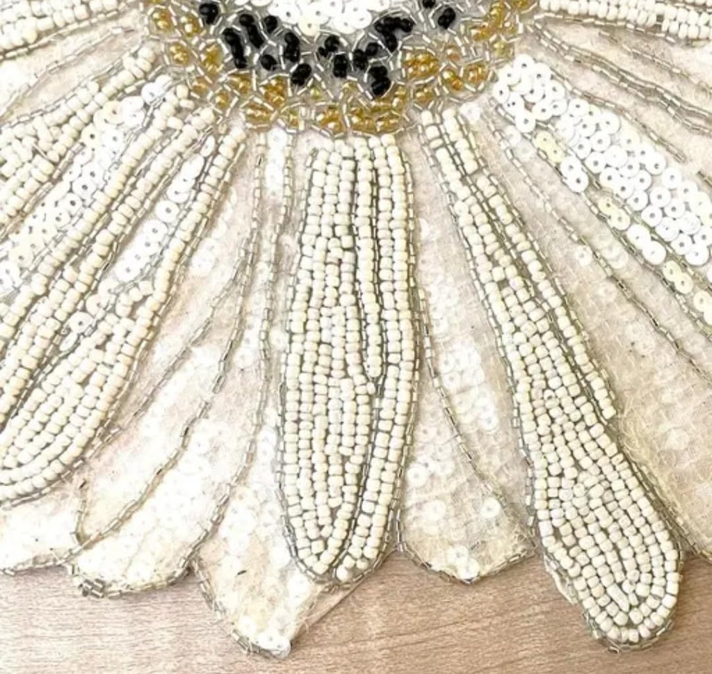Beaded Daisy Placemat, White, Sequin Embellished Floral Table Mat, Handcrafted Decorative Charger Plate