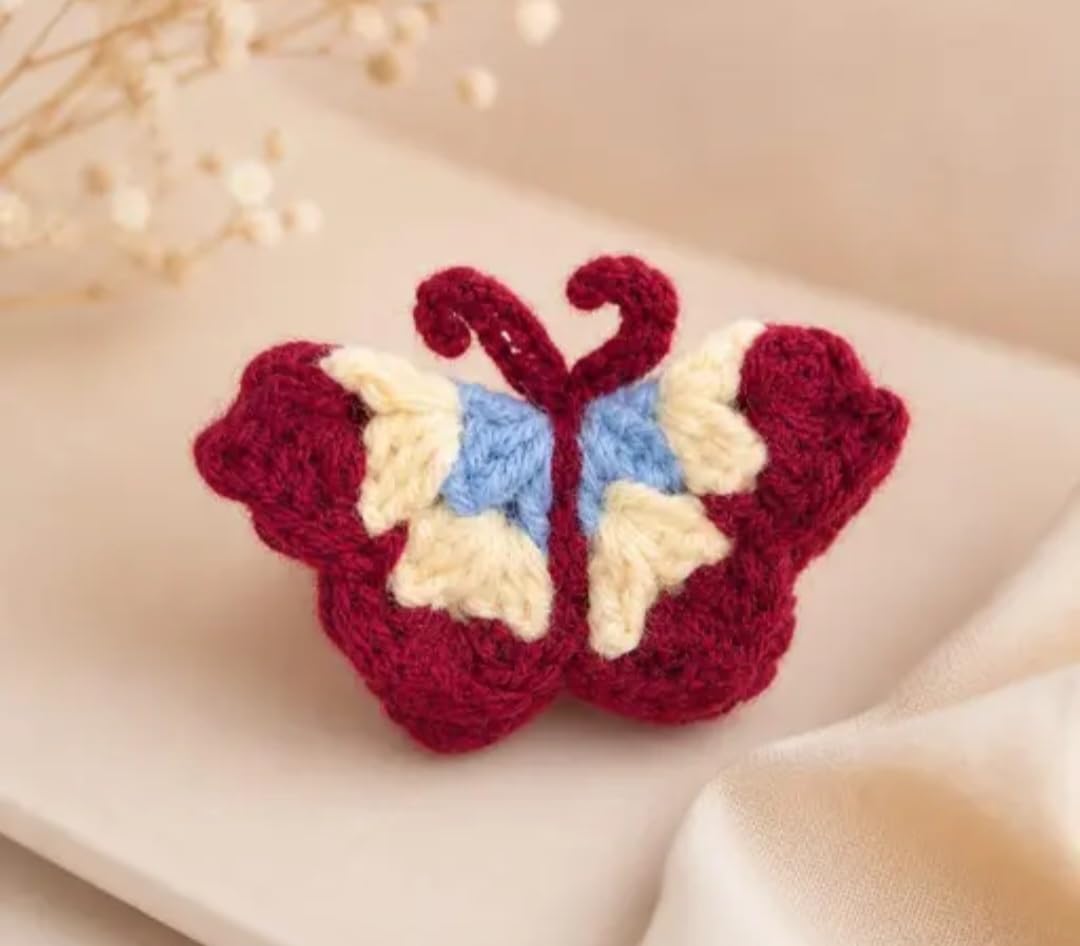 Crochet Butterfly Hair Scrunchie, Handmade Knit Hair Tie, Boho Style, Red and Cream