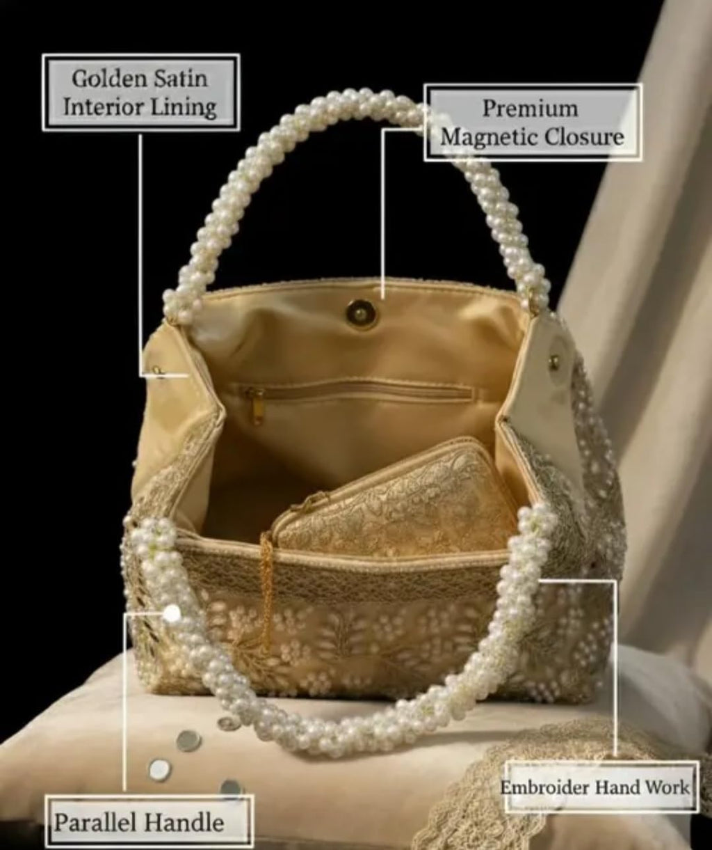 Pearl Beaded Handbag, Cream Gold, Mirror Work Embroidery, Floral Design, Bridal Tote Bag