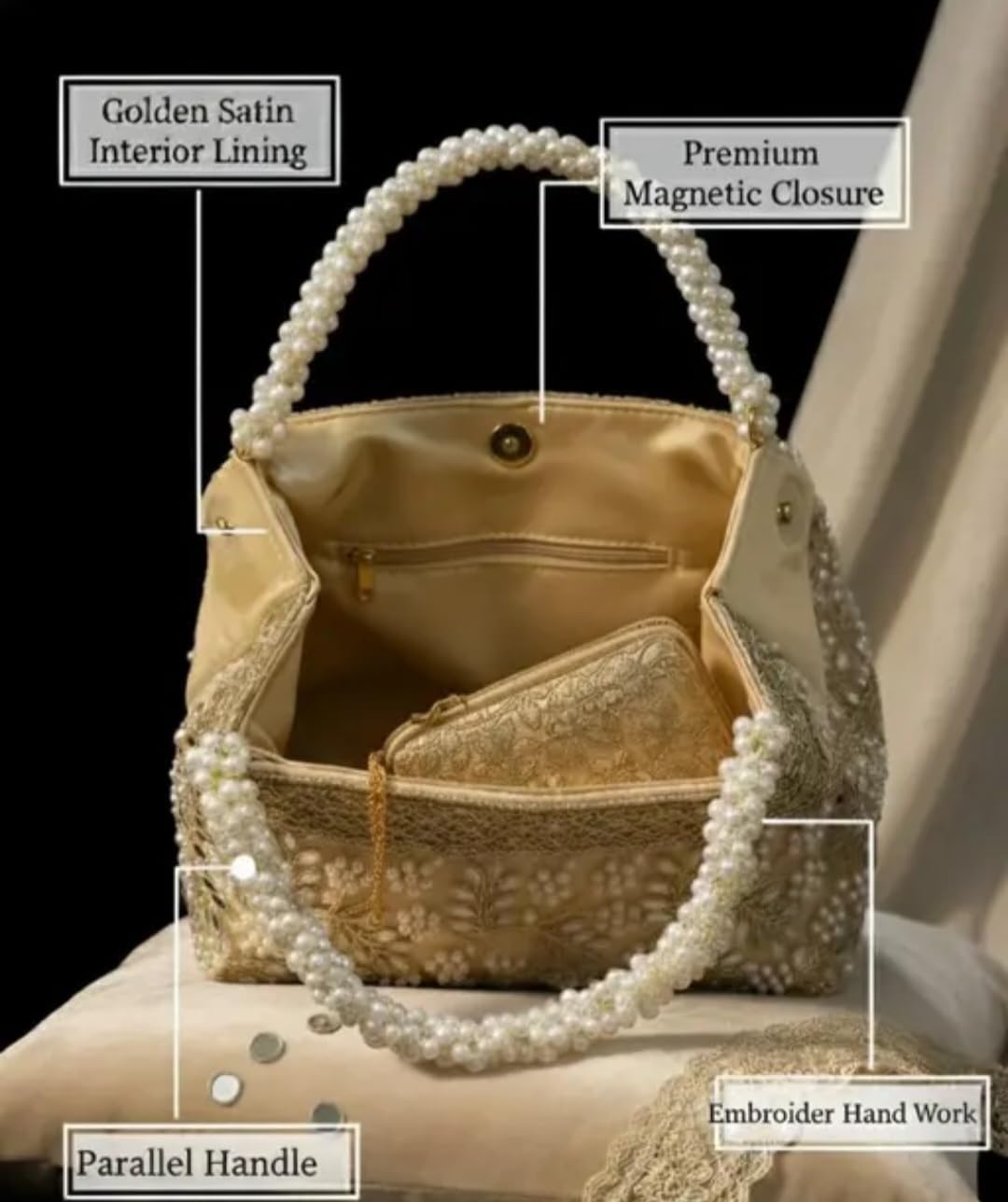 Pearl Beaded Handbag, Cream Gold, Mirror Work Embroidery, Floral Design, Bridal Tote Bag
