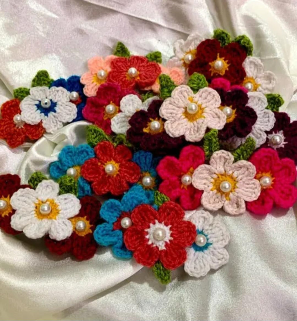 Handmade Crochet Flower Hair Accessory with Pearl Centers, White, Pink, Burgundy, Green Leaves