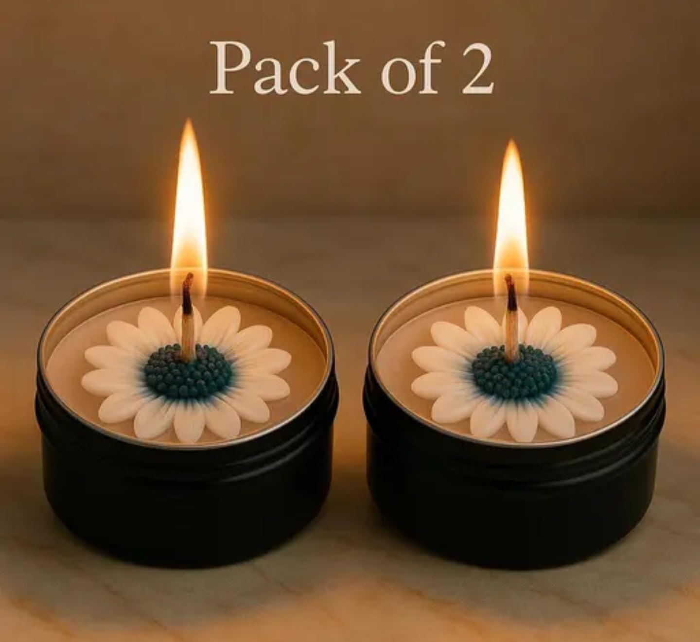 Handmade Daisy Flower Candle in Black Tin Container, White and Blue, Decorative Scented Candles, Set of 2