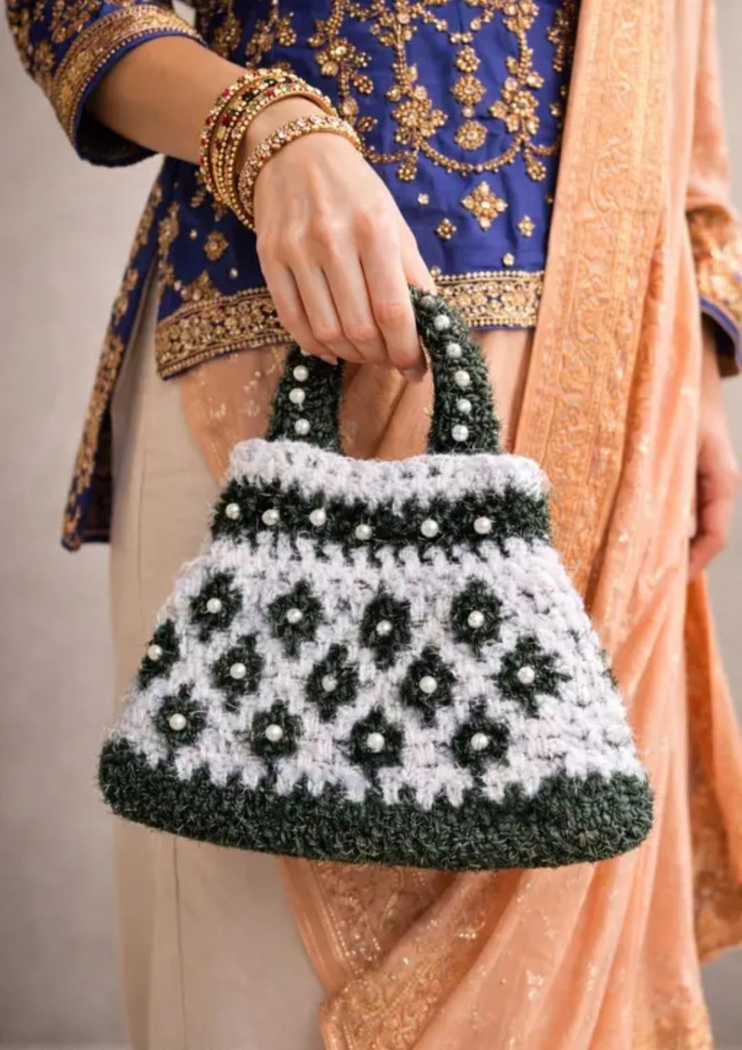Handmade Crochet Handbag, Green and White, Pearl Bead Embellishments, Floral Pattern, Knit Tote Bag