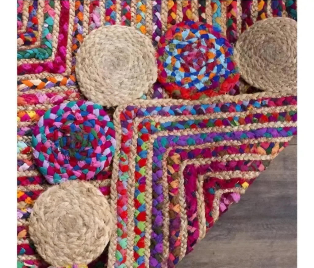 Handwoven Jute and Cotton Braided Runner Rug, Multicolor, Boho Style, with Round Medallion Border