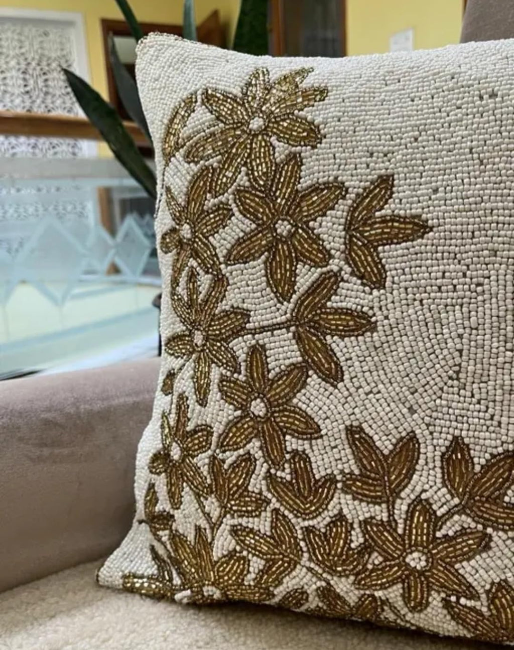 Beaded Throw Pillow Cover, Ivory and Gold Floral Embroidered Cushion Cover, Decorative Square Accent