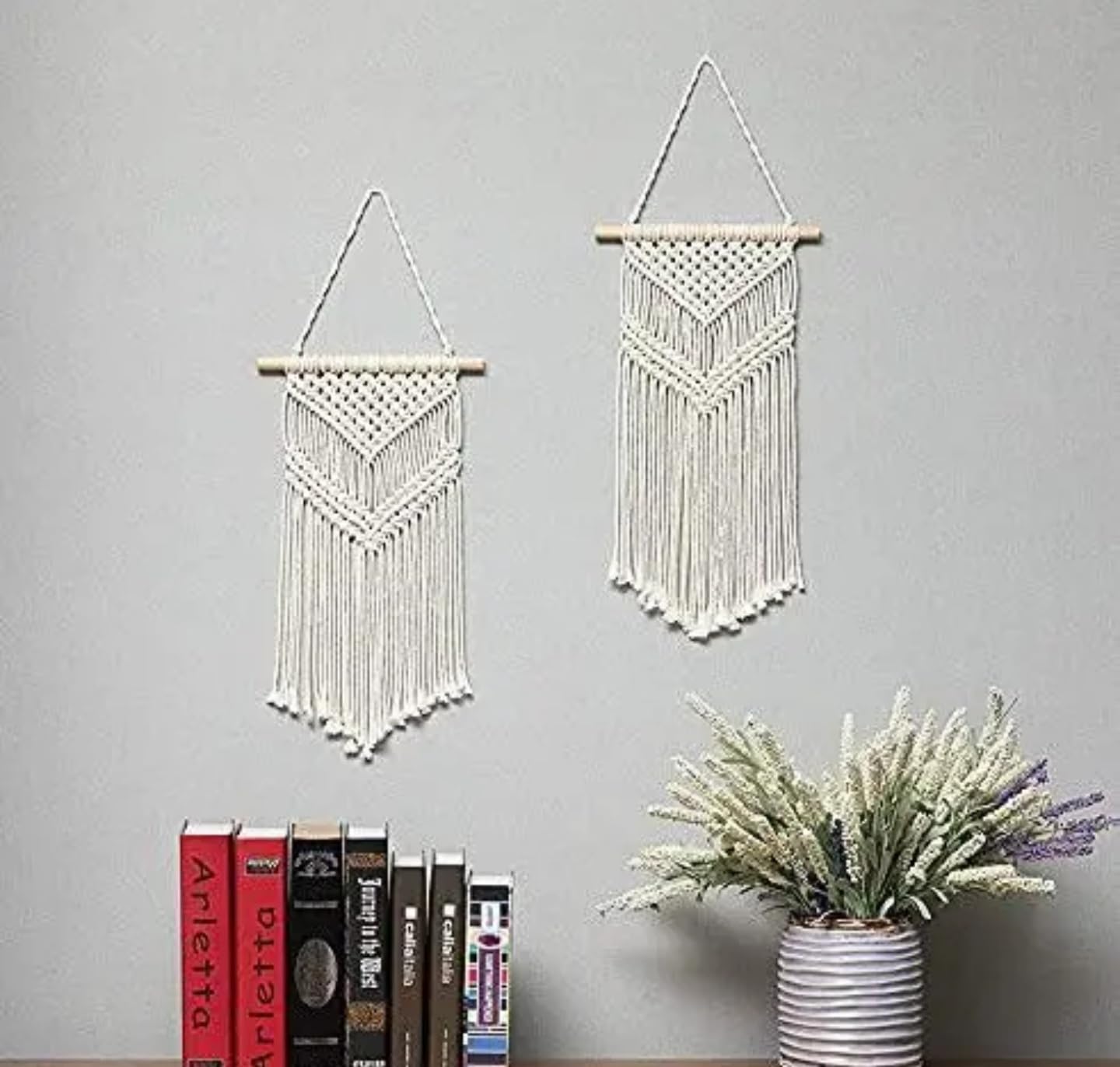 Macrame Wall Hanging, Handwoven Cotton Rope Tapestry with Wooden Rod, Boho Home Decor, Cream