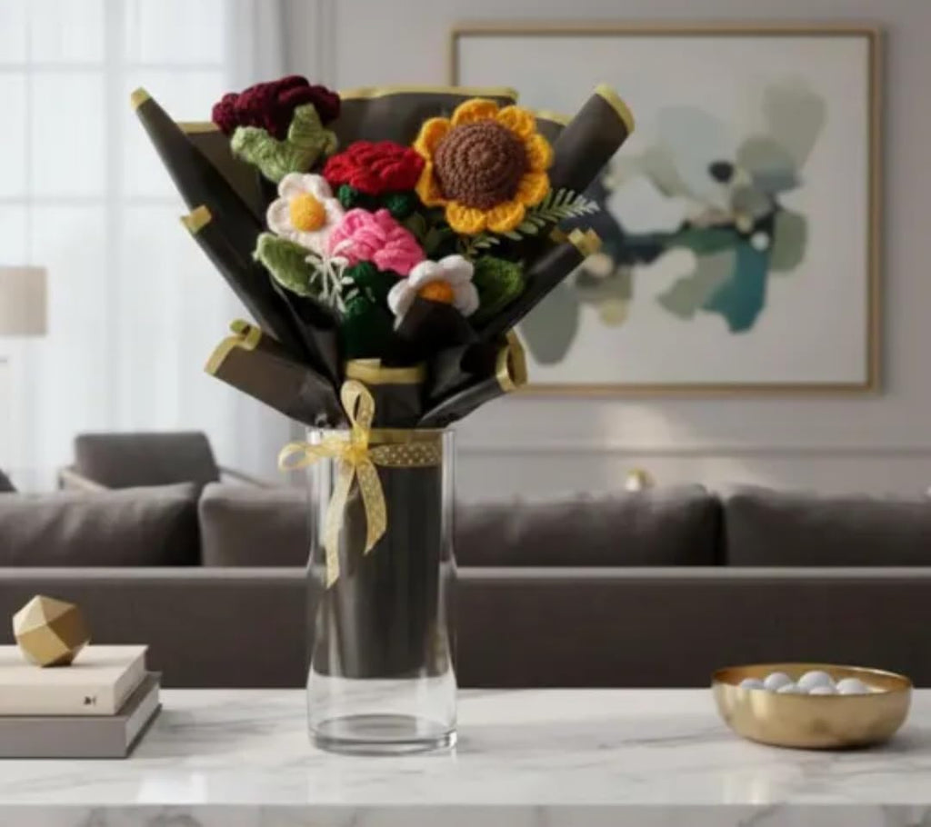 Handmade Crochet Flower Bouquet, Mixed Flowers with Sunflower and Roses