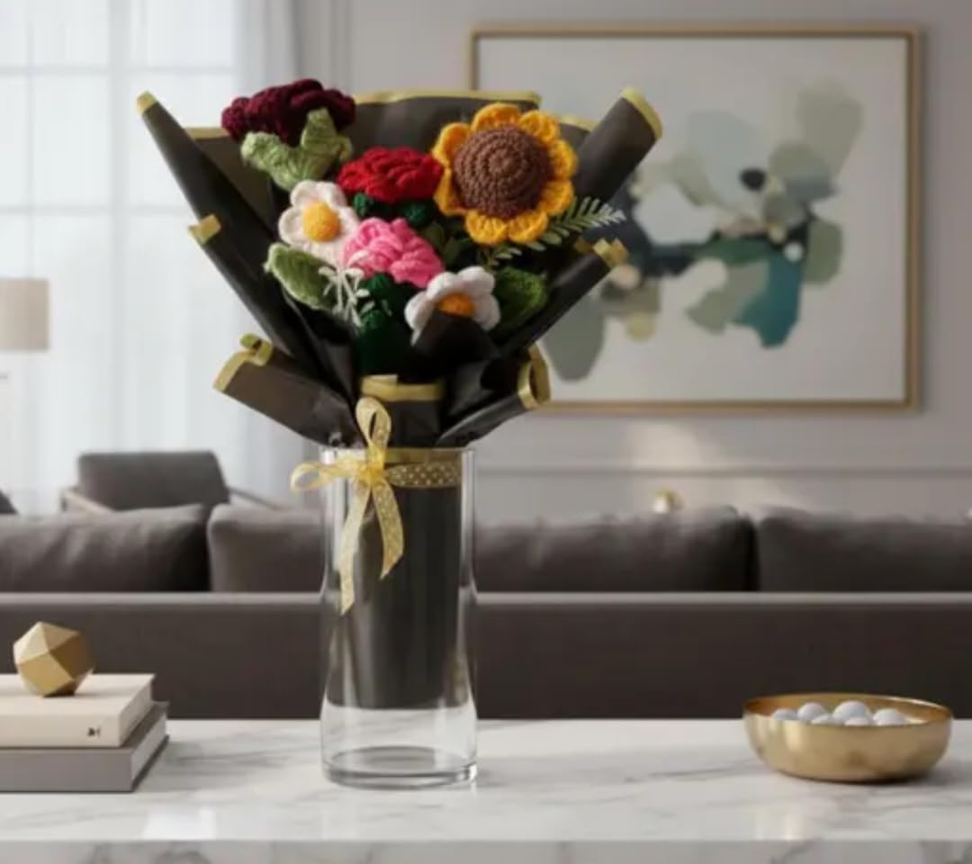 Handmade Crochet Flower Bouquet, Mixed Flowers with Sunflower and Roses