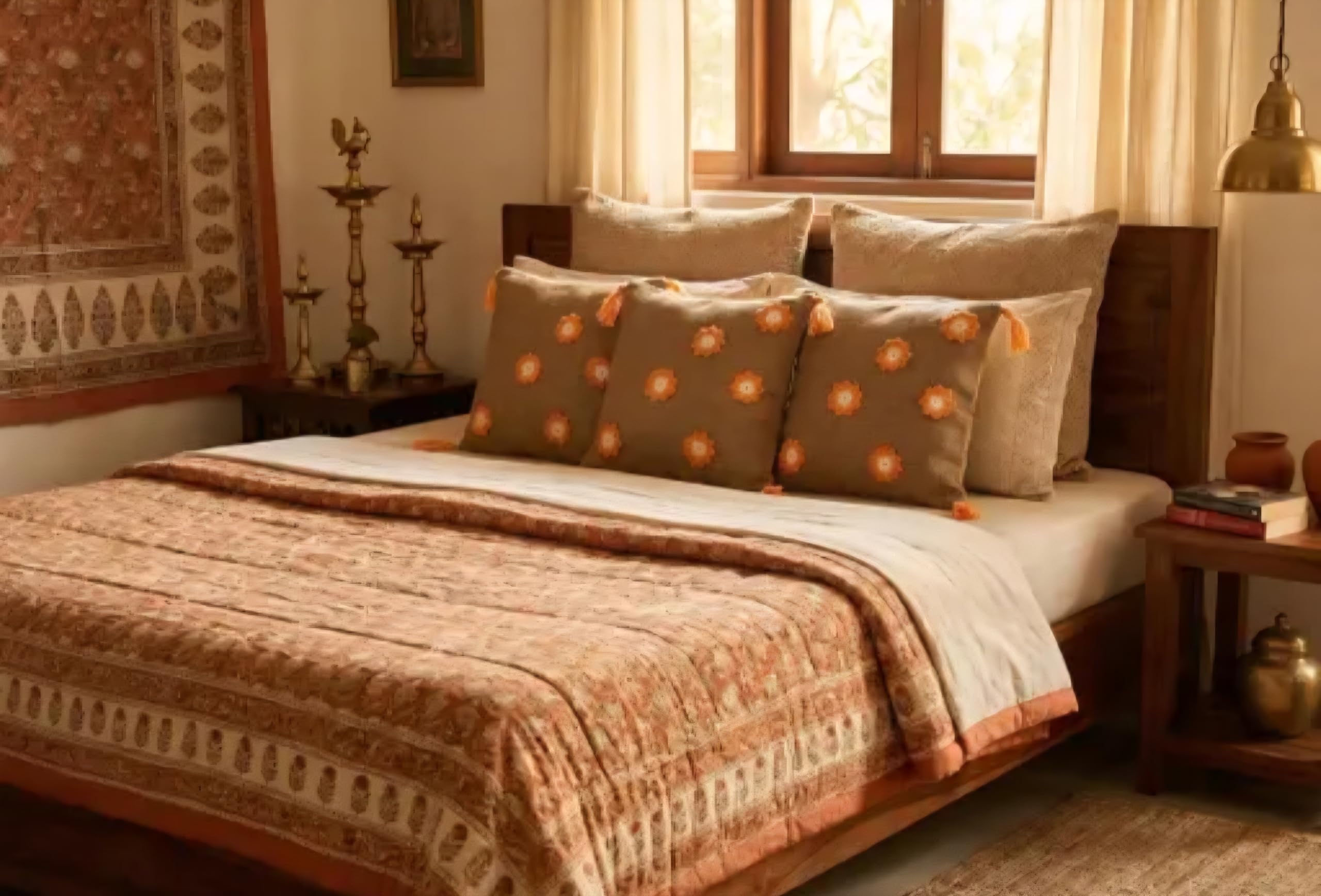 Decorative Throw Pillow Cover with Orange Crochet Flower Appliques, Beige Jute, Corner Tassels
