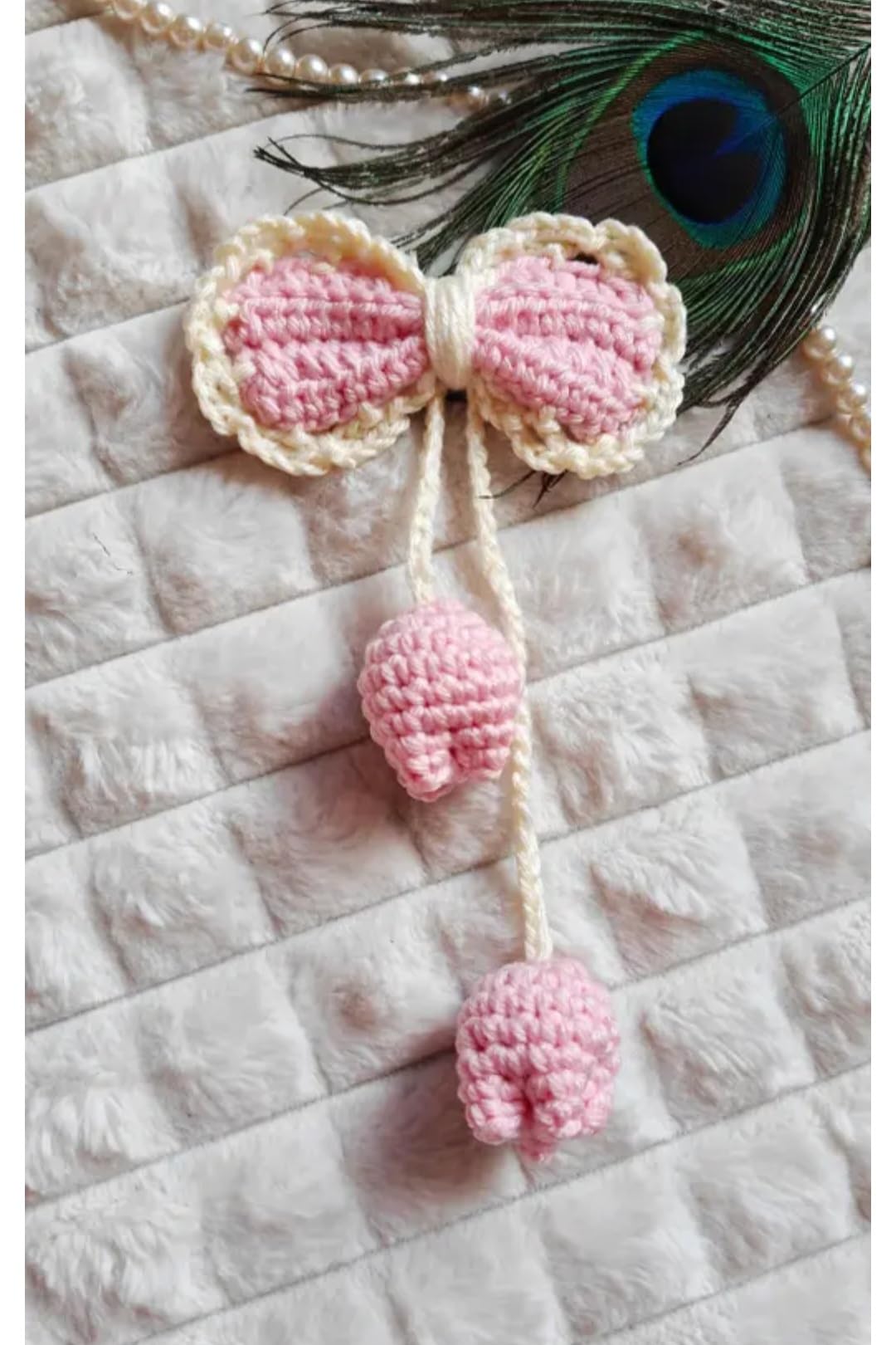 Handmade Crochet Bow Hair Clip with Pom Pom Tassels, Pink, Girls Hair Accessory