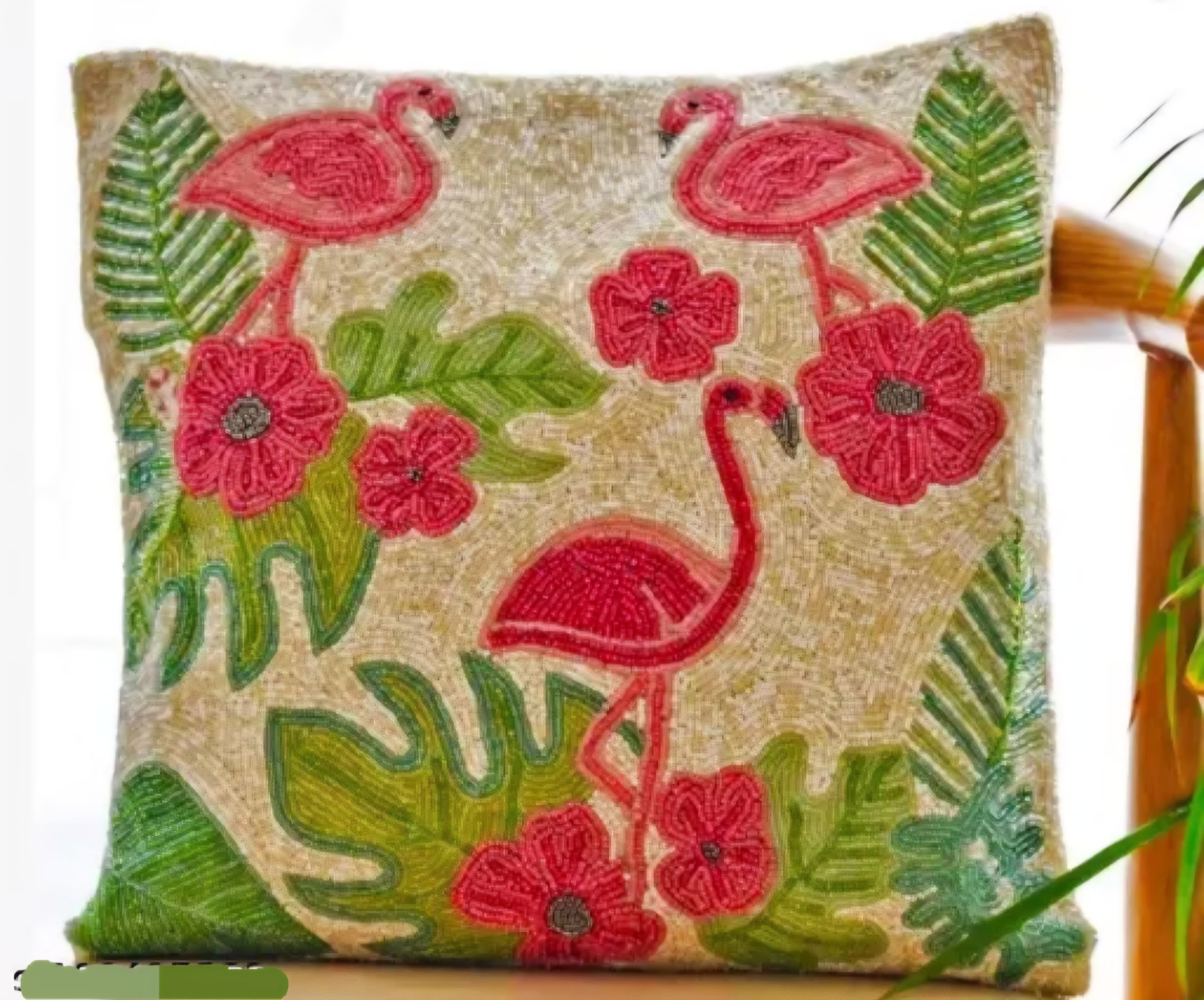 Handmade Flamingo Beaded Throw Pillow Cover, Tropical Floral Design, Pink and Green, Decorative Cushion Cover
