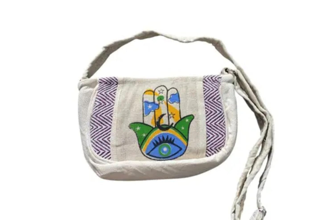 Hamsa Hand Canvas Crossbody Bag, Evil Eye Design, Chevron Pattern Sides, White and Blue