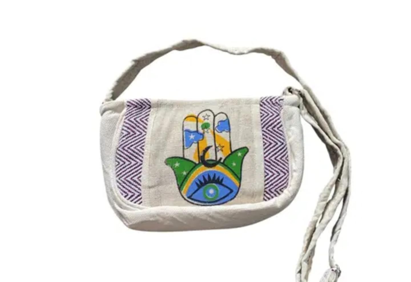 Hamsa Hand Canvas Crossbody Bag, Evil Eye Design, Chevron Pattern Sides, White and Blue