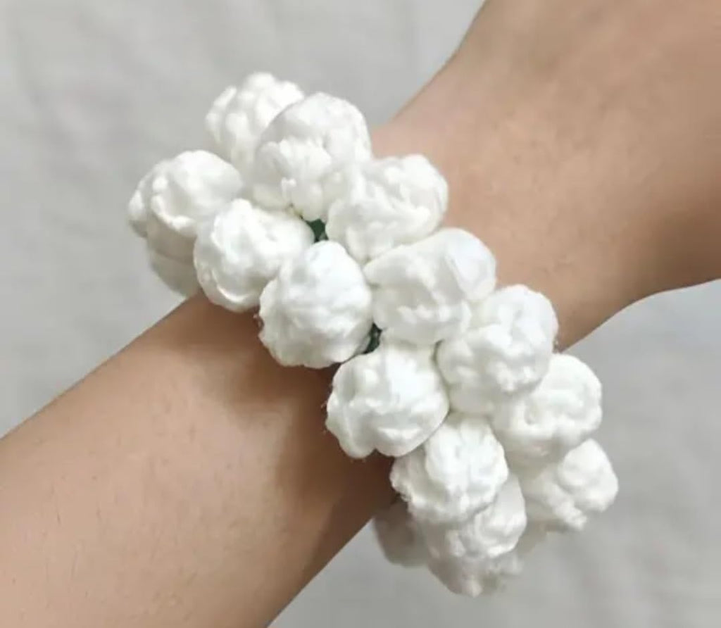 White Fluffy Pom Pom Hair Tie, Elastic Scrunchie, Green and White, Handcrafted