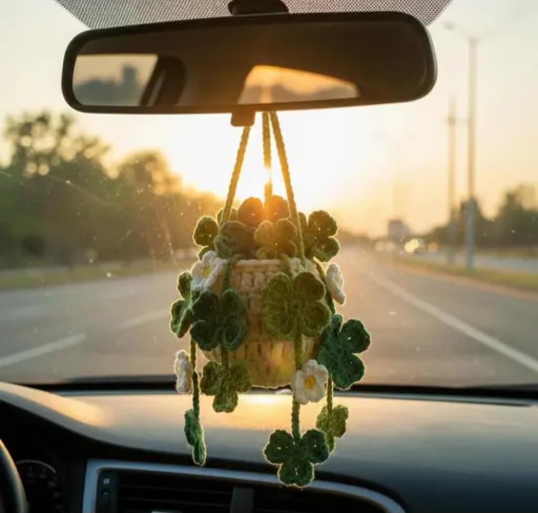 Crochet Hanging Basket Planter, Green Clover and White Flower Design, Handmade Knit Home Decor