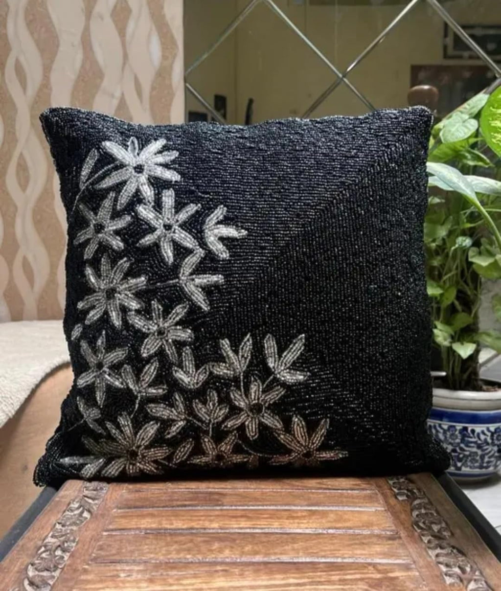 Beaded Decorative Throw Pillow Cover, Black with Silver Floral Design, Square Cushion Case