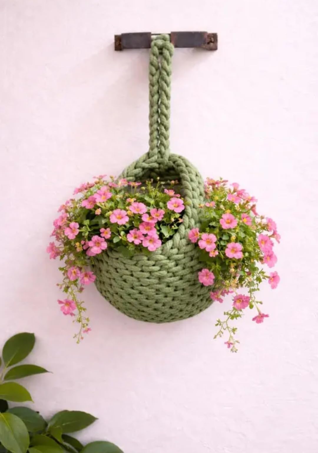 Handmade Crochet Hanging Basket, Green, Cotton Rope, Wall Mounted Storage Planter