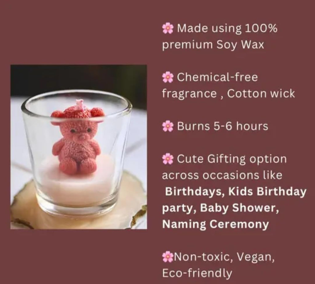 Teddy Bear Candle, Pink, Decorative Wax Figure, Cute Sitting Bear Design