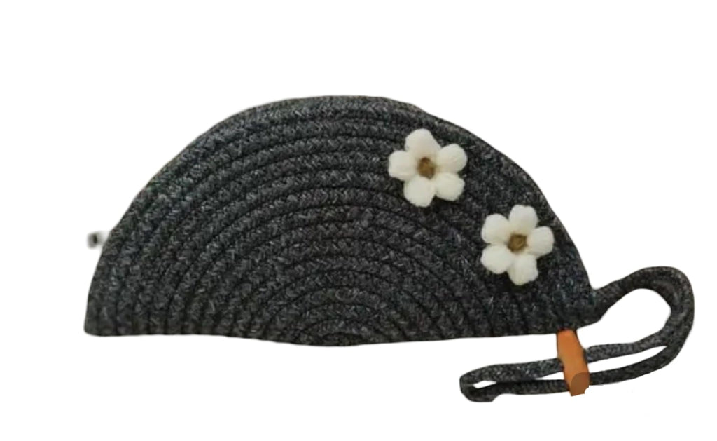 Handmade Crochet Semicircle Clutch Purse with White Flower Accents, Black