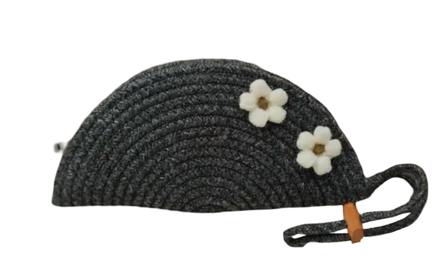 Handmade Crochet Semicircle Clutch Purse with White Flower Accents, Black