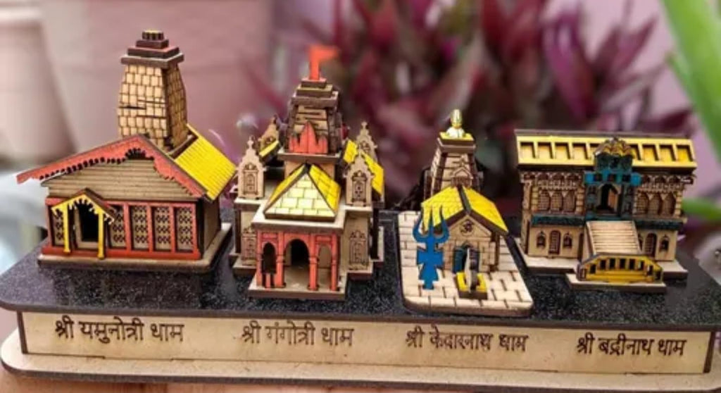 Handcrafted Wooden Char Dham Temple Model Set, Traditional Indian Religious Architecture, Orange and Yellow, Decorative Display Piece