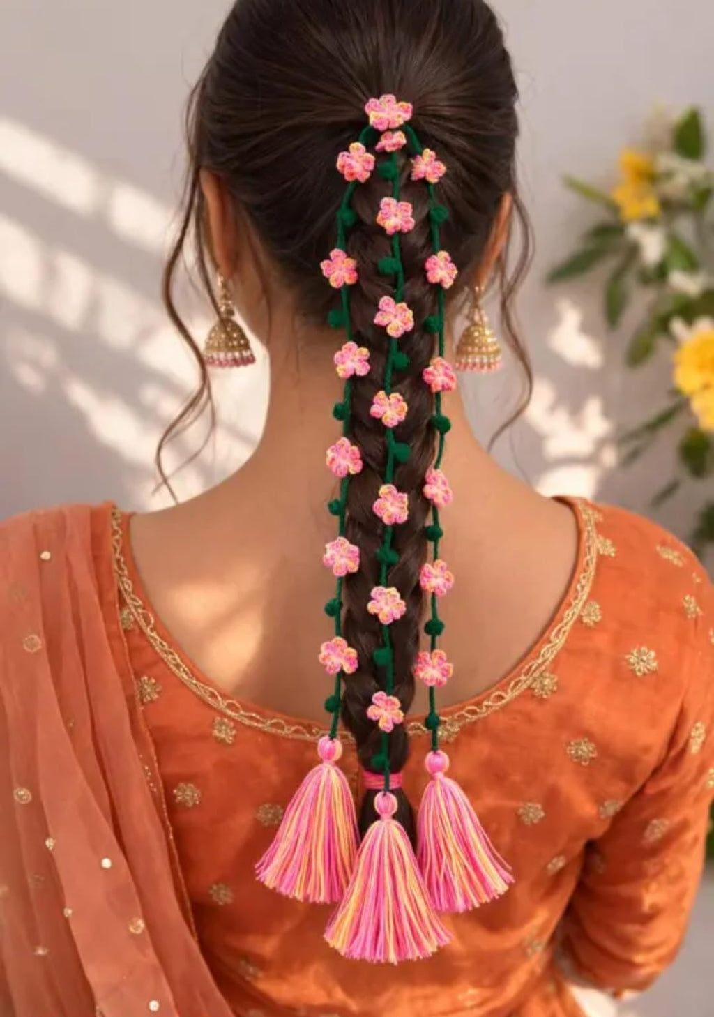 Floral Braid Hair Accessory with Pink Flowers, Green Yarn, Tassels, Festive Indian Style