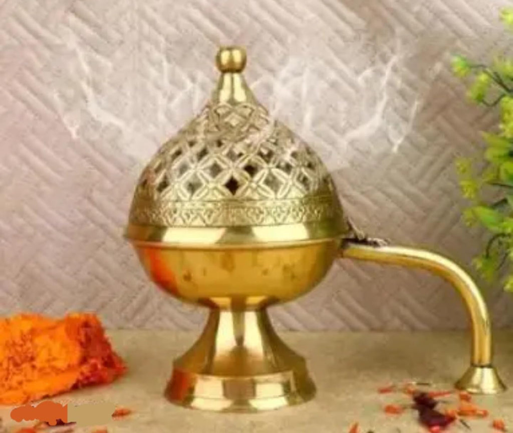 Decorative Brass Incense Burner, Gold, Lattice Pattern Bowl with Stand, Traditional Temple Style, for Cone and Powder Incense