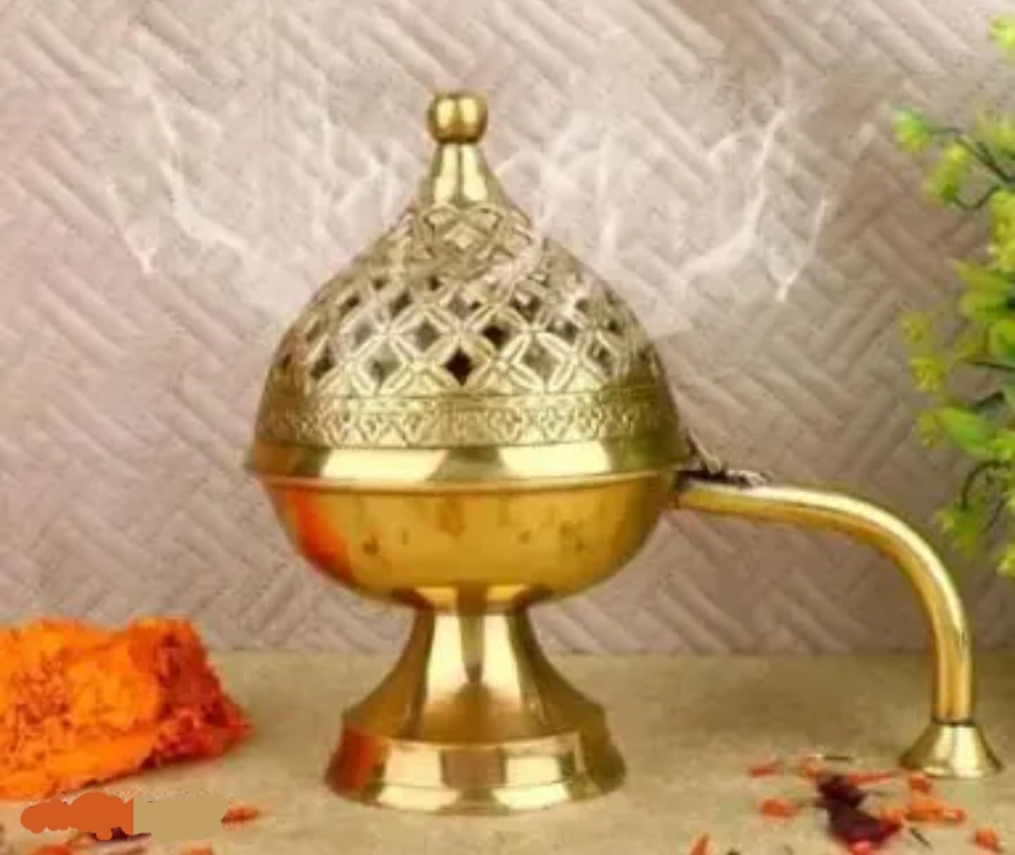Decorative Brass Incense Burner, Gold, Lattice Pattern Bowl with Stand, Traditional Temple Style, for Cone and Powder Incense