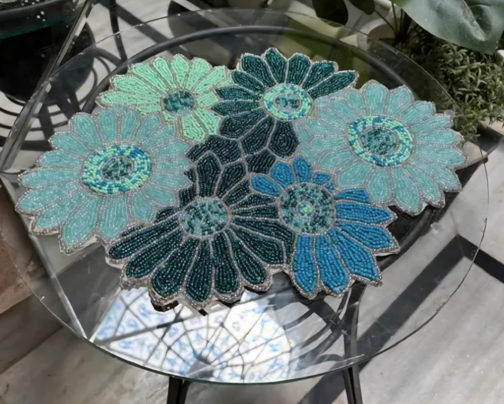 Beaded Daisy Flower Table Mat, Teal and Blue, Handcrafted Floral Placemat, Decorative Home Accent